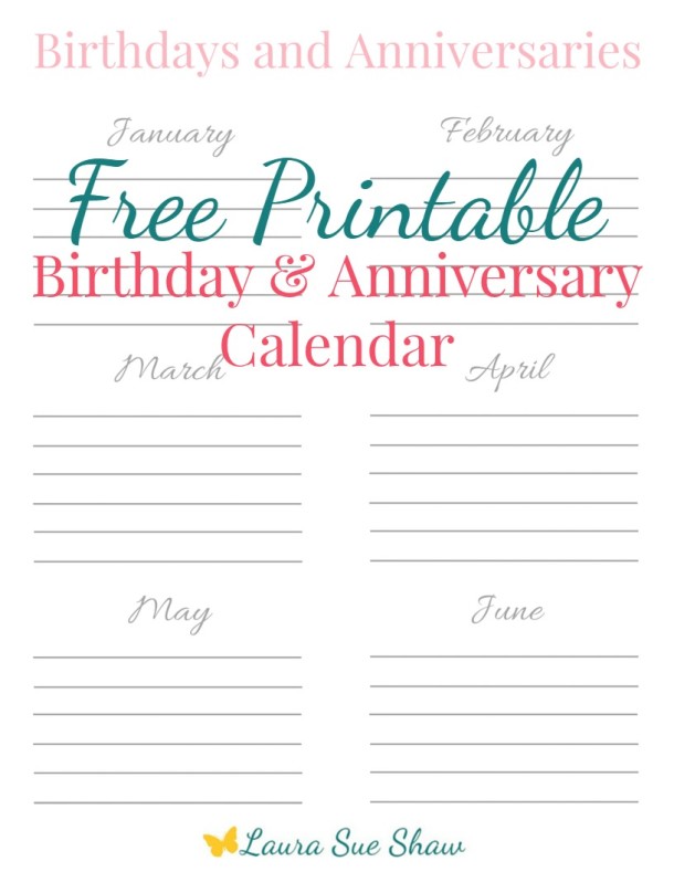 Free Printable Birthday & Anniversary Calendar Laura Sue Shaw